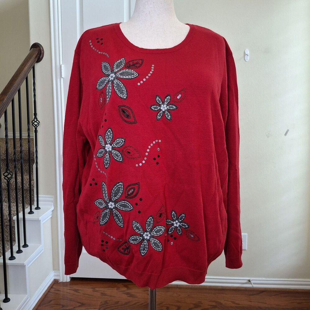 Alfred Dunner Embellished Sweater Red Women 3X Sequin Applique Christmas Holiday